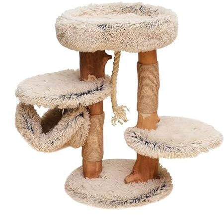 Fudajo Kratzbaum mit Holz und Plüsch 87,5 cm hoch, Designer Katzenkratzbaum mit Birnbaumholz, Katzenbaum mit Hängematte, Katzenmöbel mit Liege