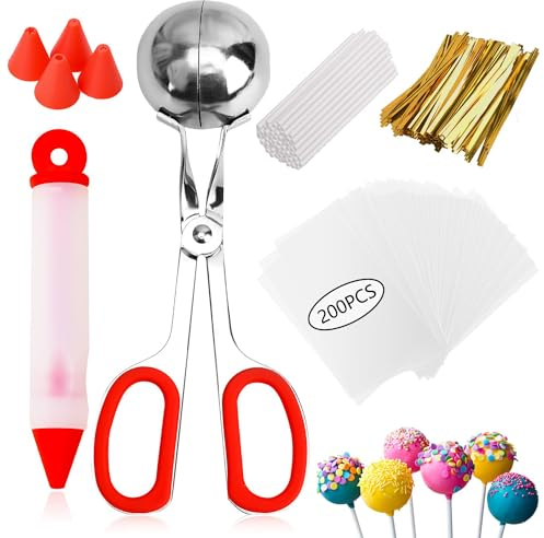 GZMAISULEE Cake Pop Molds Kit 606PCS Lollipop Cake Pop Set, 1 Cake Pop Scooper and Decorating Pen, 200 Cake Pop Sticks and 200 Wrappers, 200 Twist Ties for Lollipop, Candies, Chocolates