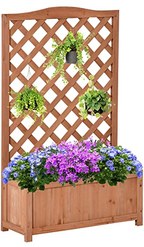 Outsunny Jardinera con Enrejado de Madera Maciza 70x28x117 cm Marrón