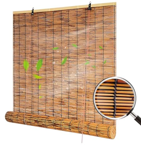 JkXuberant Jalousie Bambus Sonnenschutz Rollos Für Fenster Retro Bambusrollo Sichtschutz Außenrollos 150-180cm Natürliche Schilfrohrvorhang Für Schlafzimmer/Wohnzimmer/Garten/Terrasse