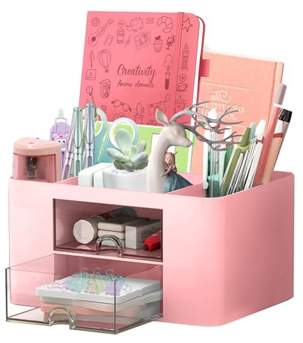 Organisateur de bureau à 7 compartiments - Porte-stylos - Organiseur de bureau avec tiroir - Multifonction - Pour bureau, maison, école - Peu encombrant - Rose