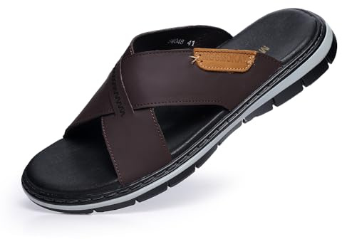 MGGMOKAY Hommes Cross Slide Sandales,Homme Cuir Sandales,confortables et légères pantoufles,Marron,43