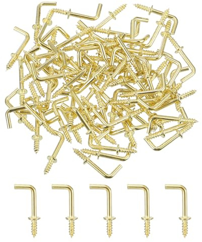 QUARKZMAN 150pz Ganci a Forma di L, 1/2 Pollice Ganci ad Angolo Retto Ganci a Vite Piccoli in Acciaio al Carbonio a Forma di 7 per Appendere, Oro