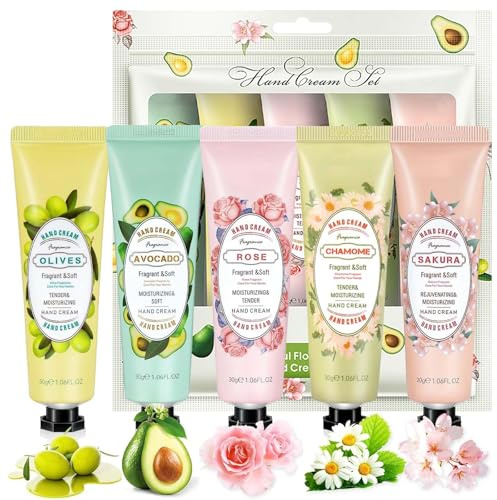 5 Pack Plant Fragrance Hand Cream Gift Set for Very Dry Hands - Non-Greasy Moisturizer, Birthday, Mother's Day, or Christmas - Ideal for Women and Men