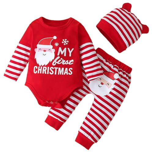 HEOXIN Completo per Neonate Set, Maniche Lunghe Volant Vestiti Bambina con My First Christmas, Pagliaccetto a Righe con di Babbo Natale Pantaloni e Cappello, Giorno di Natale per 12-18 Mesi, Rosso