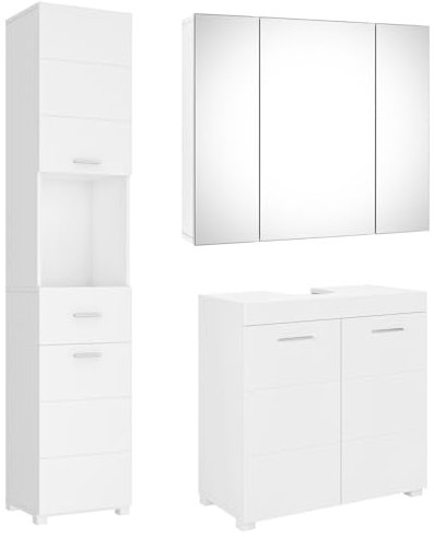 FOREHILL Badmöbel Set weiß, 3 Teile, mit Waschbeckenunterschrank, Hochschrank, Spiegelschrank