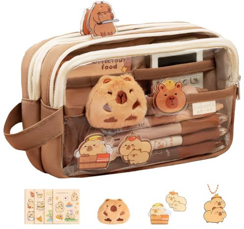 SNONESIY Capybara Federmäppchen, 5-Layer Große Kapazität, Kawaii Federmäppchen, Capybara Makeup Bag Pencil Bag, mit 15 Aufklebern, 2 Broschen und 1 Zufälliger Anhänger