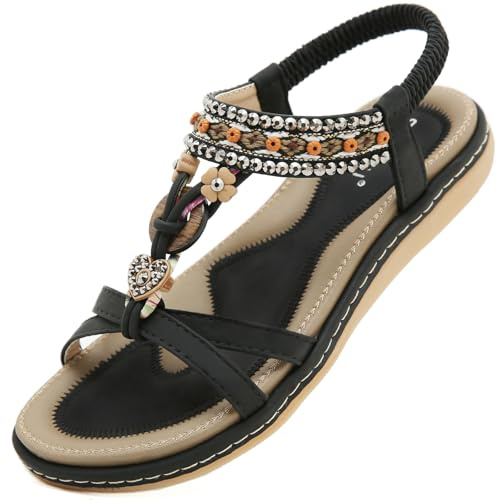 Acfoda Sandales Femme Été Confortable Mode Plates Bohême Tongs Léger Chaussures Orthopédique Sandals Confort Sandalette et Mules Noir 40