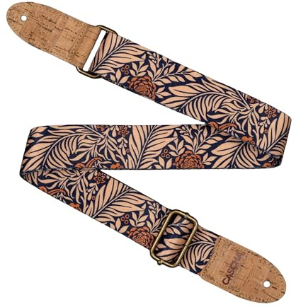 Cascha Veganer Gitarrengurt, Blumenmuster mit Korkenden, Verstellbarer Schultergurt für Gitarre und Ukulele, Marineblau-Beige