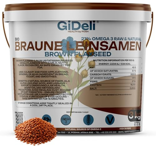 GiDeli Semillas de Lino Marrón 3kg - Rica en Proteina y Omega 3 - Baja en Azúcar - Frijoles Planos Para Hornear - Sabor Suave Ligeramente a Nuez - Para los Amantes de la Repostería - Producto Vegano
