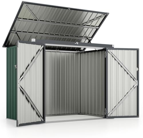 COSTWAY Abri de Jardin en Métal Galvanisé 1,5 m², Cache Poubelle Exterieur Verrouillable, Toit Ouvert, 2 Portes, Abri Poubelle Exterieur, 4 Gants, Rangement Etanche pour Vélo,Outils (Vert)