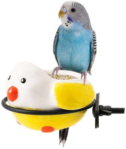 Birdcage Food Bowl Ceramic Bird Feeding Dish Cup with Clamp Holder Food Water Bowl for Canary Finch Parakeet Budgie Cockatiel Lovebird (Yellow)
