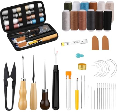 HMCEY 49 Piezas Herramientas Cuero,Kit de Marroquineria,Kit de Costura de Cuero,Herramientas de Marroquineria,Kit para Coser Cueros a Mano,Kit de Cueros Diy con Aguja Coser para Manualidades