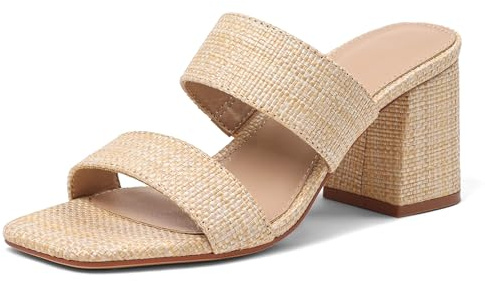 Ancomafio Women's Heeled Sandals Raffa Sandals Square Open Toe Heels Mules Slip On Summer Block Heels Vacation Shoes Neutral size 8
