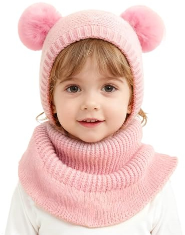 MIVAIUN Rosa Cappello Inverno per Bambino,Cappellino Integrato con Paraorecchie a Doppia Palla per Bambini dai 2 ai 6 Anni,Cappellino in Un Unico Pezzo Stile Scialle per Sport all'aperto (Rosa)