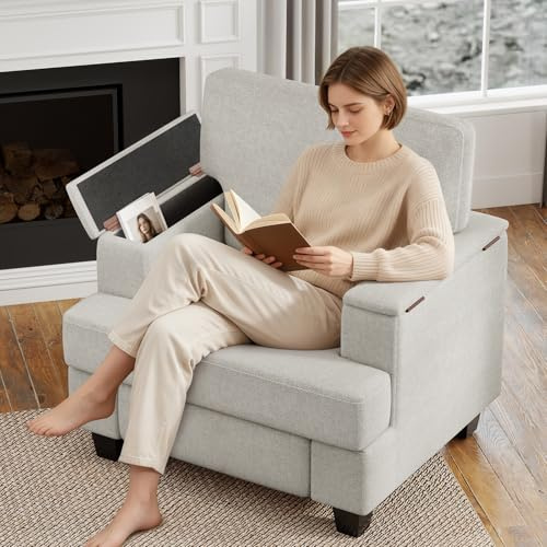 Ckaff Extra-Larges Fauteuil Salon Rangement, Fauteuil Relax Rembourré avec Accoudoirs avec Rangement & Dossier Amovible, Fauteuil Relaxation avec Cadre en Bois pour Salon, Chambre à Coucher, Blanc
