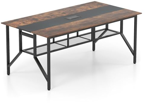 COSTWAY Mesa Rectangular para Reuniones 6-8 Personas, Mesa de Conferencias con Estante de Malla y Pasacables, Escritorio Industrial con Estructura Metálica, Oficina Sala, 180 x 96 x 76 cm