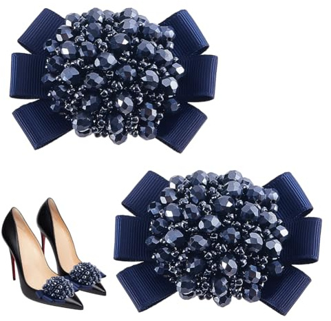 HOBBIESAY 2Pcs Ribbon Bow Shoes Clips 2.17×2.76 Inch Rhinestone Satin Bow Shoe Buckle Crystal Shoes Clip with Beads Detachable Heels Accessories for Women Sandals High Heel Flat Wedding Daily Life