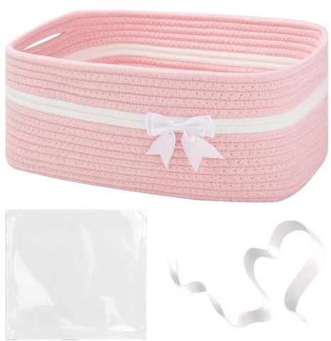 DifenzuSJ Cestino Portaoggetti Intrecciato Rosa con Fiocco Decorativo, 34x15x25 cm Cesto Regalo Vuoto in Corda di Cotone con Manici, per Baby Shower, Battesimo, Compleanni, Pasqua, Natale