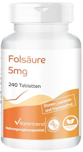 Vitamintrend Folsyra 5 mg, 240 tabletter, sväljvänlig, högdoserad, veganskt kosttillskott utan magnesiumstearat, tillverkat i Tyskland