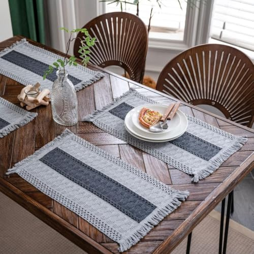 Grå Makramébordslöpare 30x28 Cm, Bomullslinne Med Tofsar, Lantlig Matdekoration, Flätad Randig överlägg, Värme- Och Fläckbeständig, Dammtät Grey 12inch by 20inch