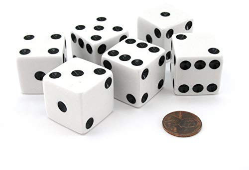 Set of 6 D6 25mm Large Opaque Jumbo Dice - White with Black Pip by Koplow Games
