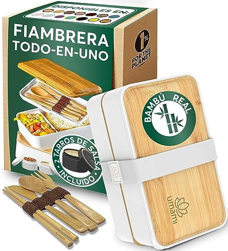 Umami Lunchbox Erwachsene, Auslaufsichere Bento Box mit Fächern und 4 Holz Bestecke, Brotdose Erwachsene, Salatbehälter To-Go, Lunch Box für Picknick/Büro, Schneeweiß & Tan, 1200 ml
