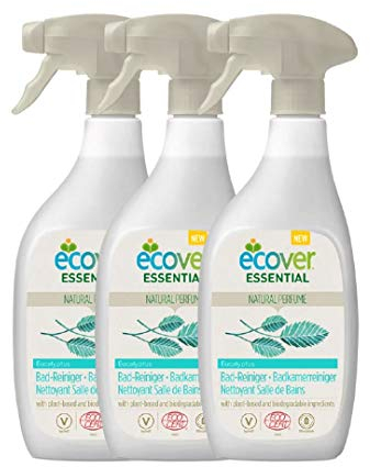 Ecover Essential Badreiniger, umweltfreundliches Reinigungsspray für das Badezimmer, entfernt Seifenablagerungen, Eukalyptus-Duft, 500 ml Sprayflasche, 3 Stück