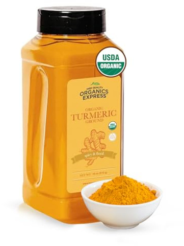 HQOExpress Organic Ground Turmeric Powder – USDA Organic, Non‑GMO, Kosher, Lab Tested –Chef Jar (18 oz) – Sustainably Grown, Traceable, Legacy Brand Since 1977