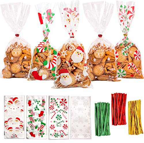 DERAYEE 120 Pieces Christmas Cellophane Bags Xmas Gift/Goodies Treat Bags with 180 Pieces Twist Ties