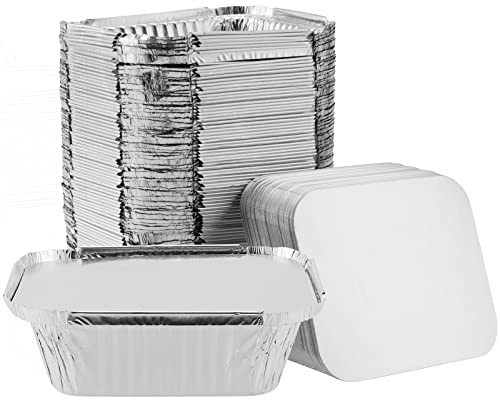 SHEUTSAN 125 Pack 12oz Aluminium Foil Baking Trays with Lids, 5.7 x 4.8 x 1.8 Inch Foil Take Out Pans, 14.5x12.5x4.5cm Disposable Foil Food Containers for Roasting, Baking, Cooking