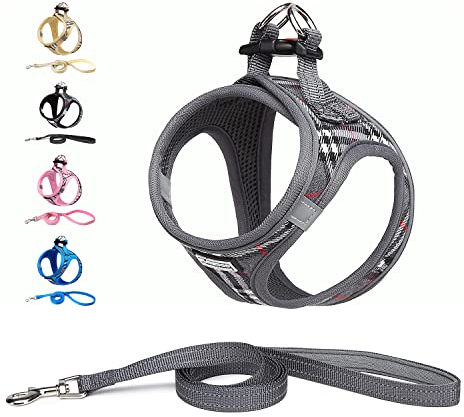 Suredoo Hundegeschirr Kleine Hunde mit Leine, Anti Zug Geschirr Reflektierend Atmungsaktiv Brustgeschirr, Welpengeschirr für Kleine Hunde (Grau Kariert, S, Brust: 29-33cm)