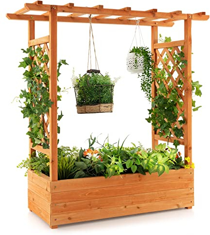 S AFSTAR Raised Garden Bed with Arch Trellis, Wood Planter Box with Hanging Roof, Side Trellis, 4 Drainage Holes, Above Ground Elevated Garden Bed for Outdoor Climbing Plants Vines Patio