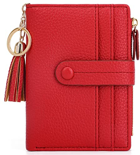 HKCLUF Geldbörse Damen Kleine, Geldbeutel Frauen Leder, RFID Portemonnaie Brieftasche Münzfach mit Quaste Damengeldbörsen Reißverschluss Viele Fächer(B08-Rot)