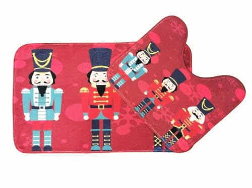 Goldstar 2Pcs Christmas Xmas Festive Printed Memory Foam Bath Mat & Pedestal Mat Set Nutcracker