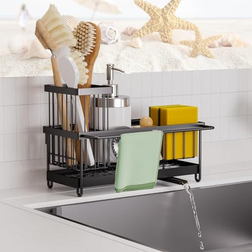 VILCEN Spülbecken Organizer Schwarz Abtropfgestell Küchen Spüle Sink Organizer, Abnehmbare Bürstenhalter, Schwammhalter,Spüllappenhalter mit Abflusspfanne, Waschbecken Abwasch Organizer