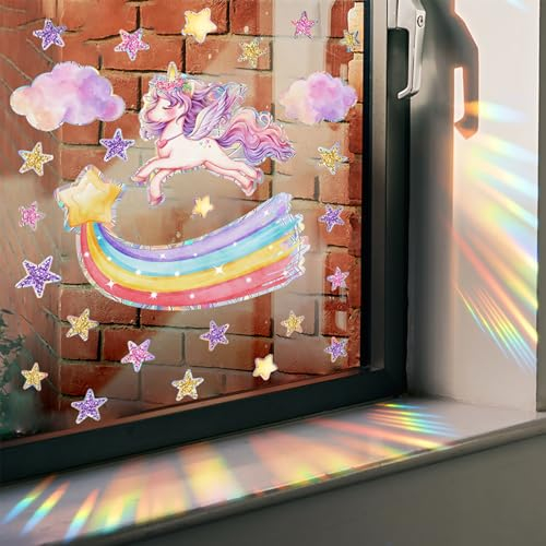 Mecmbj Fensterbilder Kinderzimmer, Einhorn Regenbogen Prisma Fensteraufkleber Selbstklebend, Fensterbilder Weihnachten, Fenstersticker Kinder für Wohnzimmer und Kinderzimmer (Bunt B)