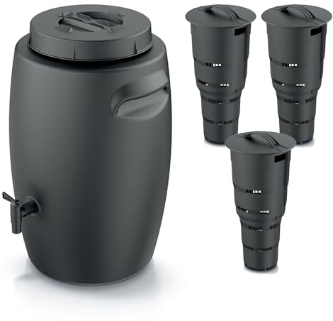 Set di secchio per compost, contenitore per la produzione di fertilizzanti con rubinetto, 55 l, nero, antracite e 3 composter, giardino sotterraneo, 11 l, plastica, altezza 53 cm, secchio modulare per