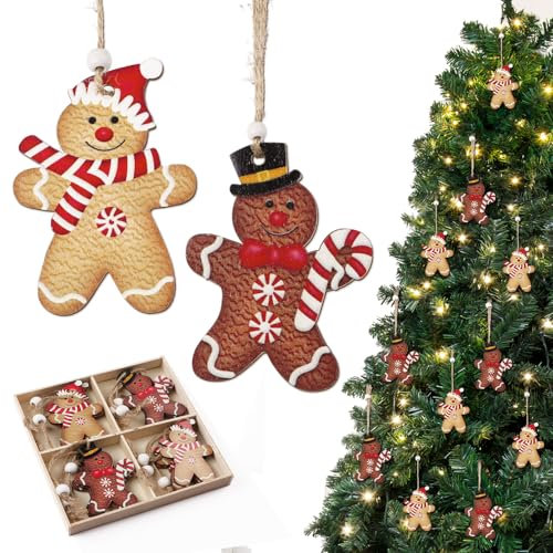 12pz Omino Pan di Zenzeri in Legno, Decorazioni Addobbi Albero di Natale Legno, Ciondoli Ornamenti Natalizi Pan Zenzeri Pendenti
