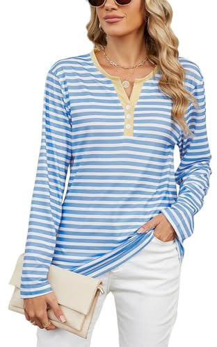 Atxnn Camiseta Mujer Rayas Blusa de Manga Larga Top con Cuello en V y Botones Camisa Bloque Color Casuales Túnica para otoño Primavera, STRIPEDBLWT XL
