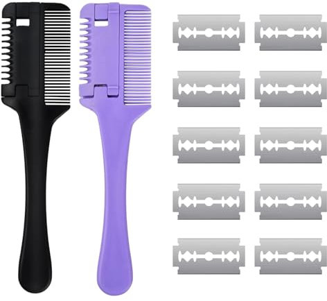 Haarstyling Rasiermesserkamm, Hair Thinning Comb, 2 Stücke Kamm Ausdünnen Haarschneidewerkzeug mit 10 Ersatzklingen, Doppelseitiger Effilierkamm, Effiliermesser Effilierer zum Haarschneiden Styling