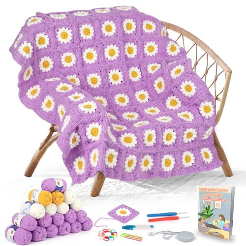 Aeelike Crochet Kit, Crochet Blanket Kit, Daisy Granny Square Crochet Blanket Kits for Beginners Adults with Wool and Pattern, Childrens Learn to Crochet Starter Kit-Make Your Own Blanket Kit Crochet
