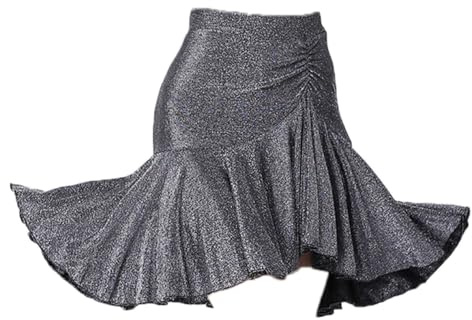 HWBZSZY Falda de Cintura Alta elástica para Mujer, Vestido de práctica de Baile Profesional para Adultos, Falda Irregular de Medio Largo, Traje de Baile Latino, Samba y Tango,Plata,XL