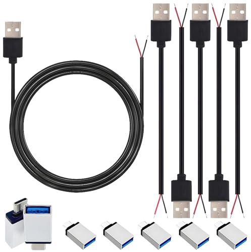 CESFONJER USB-strömkabel 2-ledare, USB 2.0-kontakt, tom trådkabel, 1 m/3 fot och adapter set om 5, 24 AWG DIY Pigtail strömkabel med öppen ände, endast för laddning av enheter