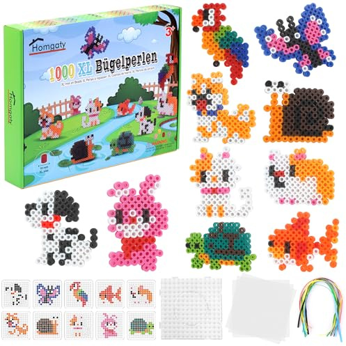 Homgaty Perline da Stirare 10 mm, Oltre 1000PZ con Piastre e Accessori, Grandi Perle per Bambini, Set Creativo Fai da te con Tanti Modelli, Ideale dai 3 Anni in Su (Animale Aomestico)