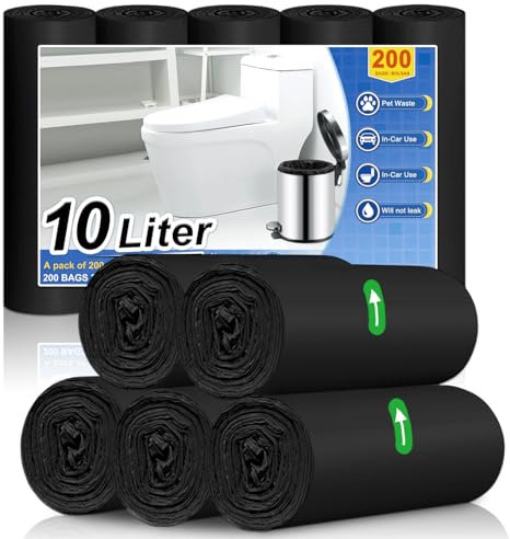 XUXRUS 200 Pezzi Sacchetti Spazzatura piccoli, 10L Sacchi Pattumiera per Bagno, 45x50cm, Neri Sacchetti Immondizia, Antistrappo, Anti-Perdite, Resistenti, Senza Odore per Cucina, Soggiorno, Ufficio