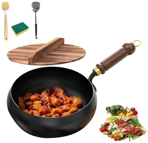 Sartén japonesa de hierro con tapa de madera, acumulador de calor, sartén de hierro forjado japonés, sin revestimiento, forjada a mano, antiadherente, para cocina de inducción, cocina de gas (lisa, 24