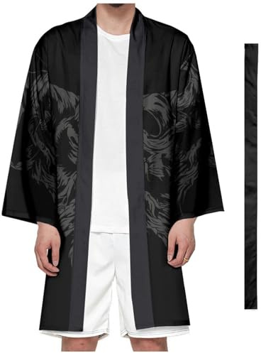 DAYKET Veste Cardigan Kimono pour Homme, Peignoir de Style Japonais, Long Cardigan Ouvert sur Le Devant, Cape avec Ceinture,Black-M
