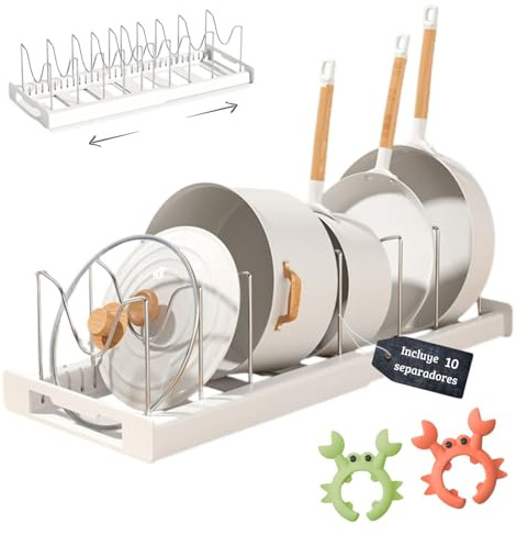 ELISPACES Organizador de Sartenes y Ollas Extensible con 10 Separadores | 2 Clips de Silicona Antiderrame - Soporte de Espátula | Soporte Ajustable para Almacenaje de Tapas, Ollas, Sartenes, Platos...