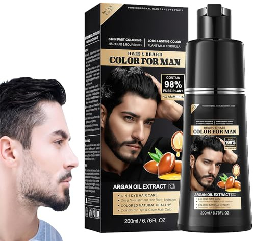 Black Hair Dye Shampoo 4 en 1 Cubre Canas, Shampoo Tinte Negro para Cabello, Cobertura Natural de Canas, Champú Color Tinte Pelo Barba Champu Canass Instantáneo para Mujer Hombre, 200 ml